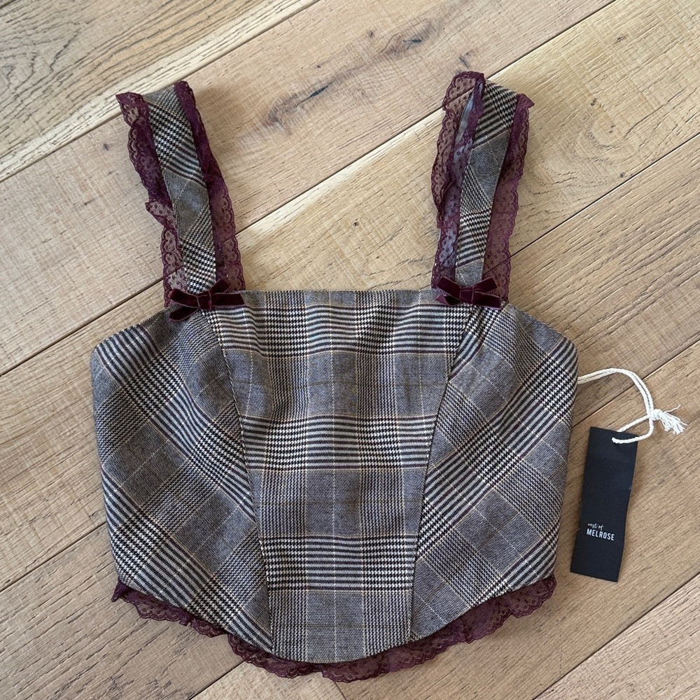 Tilly's Brown Plaid Crop Top with Ruffle Detail Sz XS - Picture 2 of 4